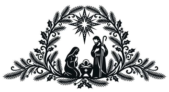 Holy Family Nativity Scene Inside Christmas Pine and Holly Wreath Arch, Baby Jesus in Manger Vignette, Luke 2 Vector Silhouette
