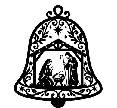 Christmas Bell Ornament Laser Cut File, Sagrada Familia in Bethlehem Stable Frame, Cricut Vector Silhouette