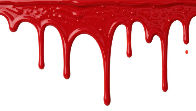 Viscous red liquid dripping down, isolated on transparent background