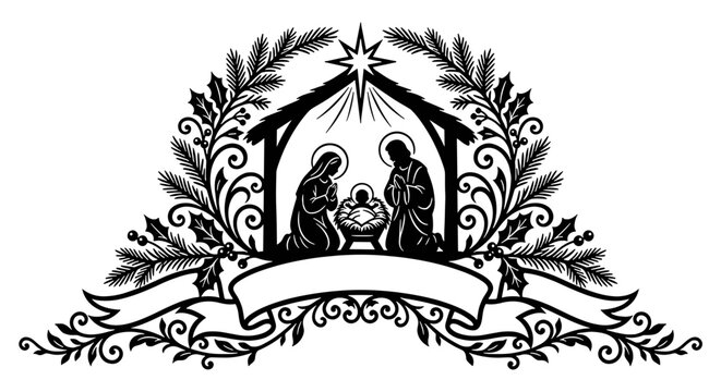 Nativity Door Hanger Template with Blank Scroll Banner, Family of Nazareth in Holly Wreath Vignette, Cricut Vector Silhouette