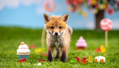 Fototapeta premium Red Fox Standing in a Green Grassy Field in Nature Wildlife Habitat, Vulpes Vulpes Mammal with Fluffy Red Fur Outdoors in the Wild