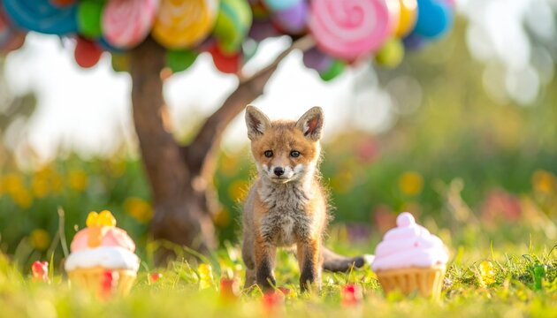 Red Fox Standing in a Green Grassy Field in Nature Wildlife Habitat, Vulpes Vulpes Mammal with Fluffy Red Fur Outdoors in the Wild