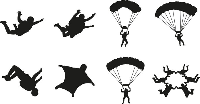 "Skydiving silhouette vector illustrations of freefall tandem parachute wingsuit tumbling and group formation"
