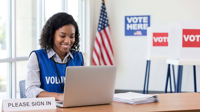 African American female volunteer wearing blue vest assists voters at registration desk with laptop and election signage in a polling place setting