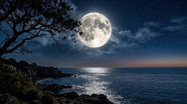 Full moon shining over rocky coastline and dark ocean at night time