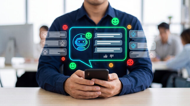 Man using smartphone interacting with AI chatbot virtual assistant interface featuring customer service chat bubbles feedback emojis and sentiment ratings in office