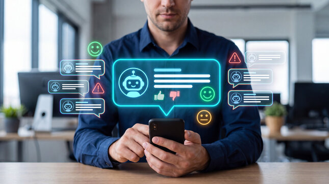 Man using smartphone interacting with AI chatbot virtual assistant interface featuring customer service chat bubbles feedback emojis and sentiment ratings in office