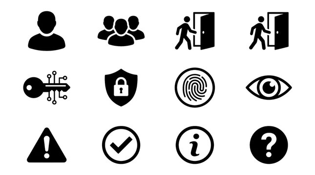 Security and Account Silhouette Icon Set with User Profile, Login, Logout, Key, Shield, Fingerprint, Warning, Verification and Help Icons on Transparent Background