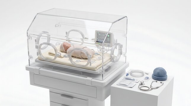 Newborn baby resting inside a medical incubator in a hospital nursery.