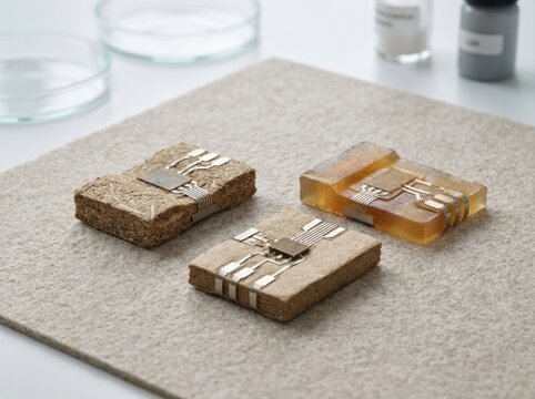 biodegradable electronics concept Three microchip prototypes made of different materials on a mat