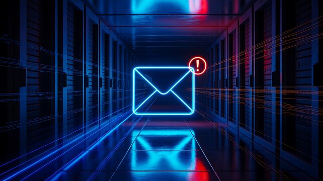 Digital email notification with glowing envelope symbol and alert icon inside a futuristic data center