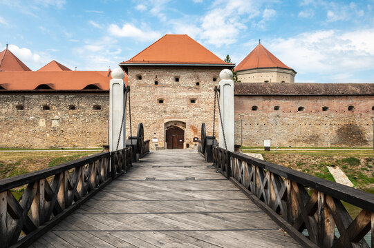 Fagaras Fortress Medieval Castle Bridge Exterior View In Transylvania Romania