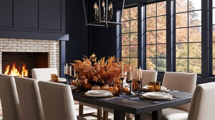 Obraz premium The Dining Table in a Cozy Autumn Dining Room with Fireplace and Large Windows