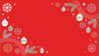 Vibrant red Christmas vector background featuring festive winter corner decorations with snowflakes, hanging ornaments, pine branches, and large copy space for greetings © ImranHossain