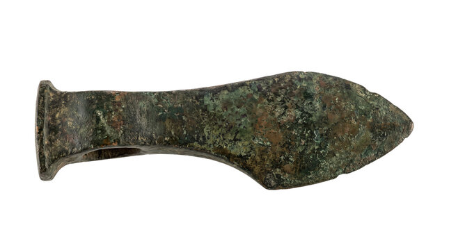 Ancient bronze axe head with green patina, prehistoric copper alloy tool, archaeological artifact from the Bronze Age period isolated PNG with Transparent Background