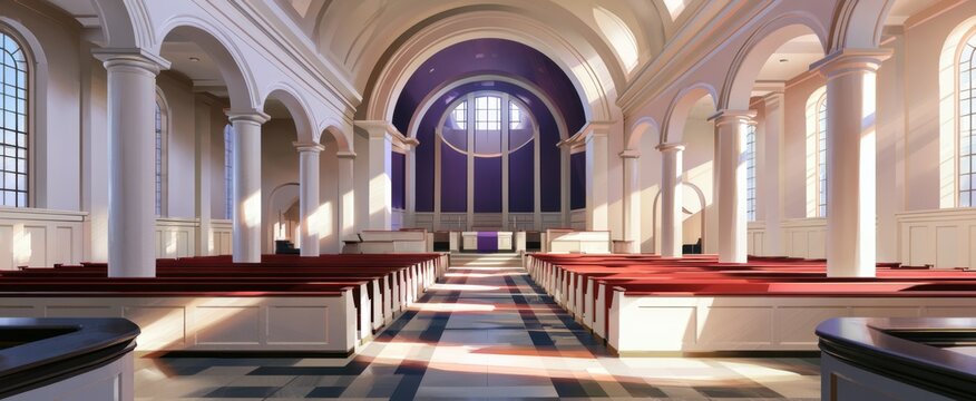 Sunlit classical church interior nave with red pews and purple advent chancel for advent season poster, worship bulletin and background design