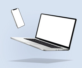 Obraz premium A mockup of black screen levitation laptop and smartphone