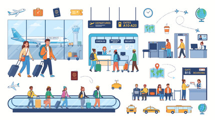Fototapeta premium Comprehensive Airport Travel Concept Vector Illustration Set Featuring Passengers, Terminal Services, Security Checks, and Ground Transportation