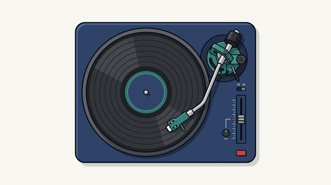Modern record player with vinyl disc playing music with clean graphic style