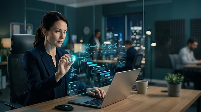 Professional woman working on a laptop with holographic data charts in a dark modern office
