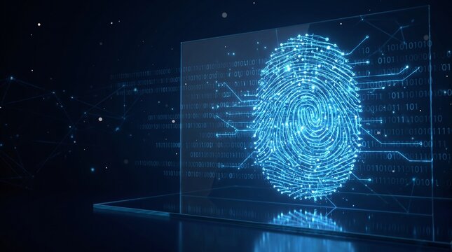 Glowing digital fingerprint on a transparent glass interface representing biometric security authentication and personal data privacy
