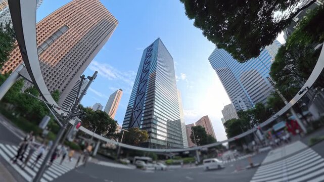 TOKYO, JAPAN - JULY 2026 : Skyscrapers and high-rise office buildings in Nishi-Shinjuku business district at sunset. Japanese corporate business, financial hub and urban technology concept.