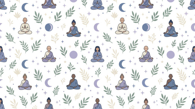 Seamless Pattern: Diverse People Meditating with Moon Phases and Leaves