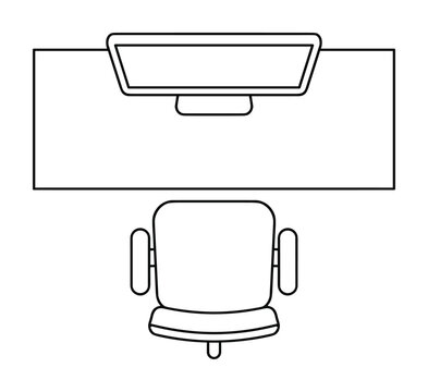 Workplace desk with computer and office chair top view blueprint.