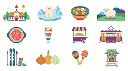 Fototapeta premium Assorted cultural icons and objects set flat style vector graphic.