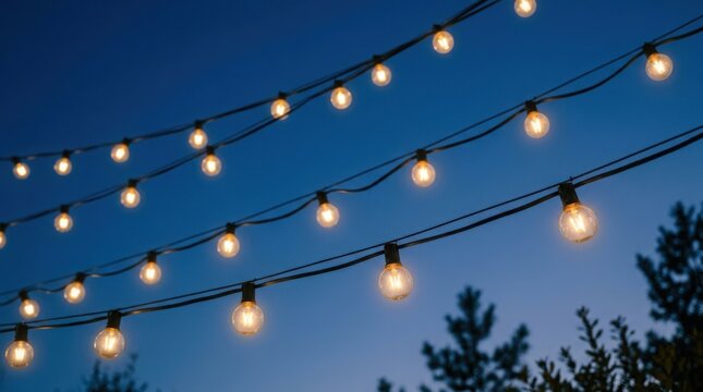 Outdoor string lights glowing warmly against a twilight sky with silhouetted trees