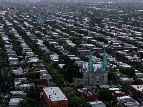 Montreal cityscape aerial view with Saint Joseph Church and urban neighborhood in Quebec, Canada. g.