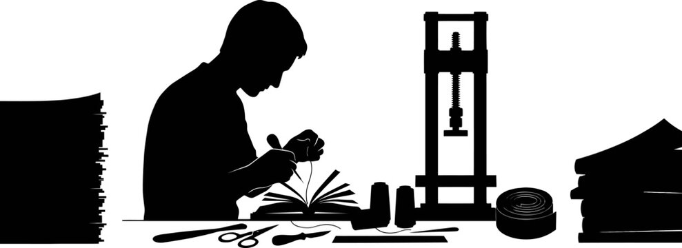 Bookbinding craft silhouette with a person stitching a book, press machine, tools, and paper on white background