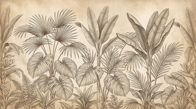 Vintage botanical illustration featuring detailed tropical palm leaves and exotic foliage