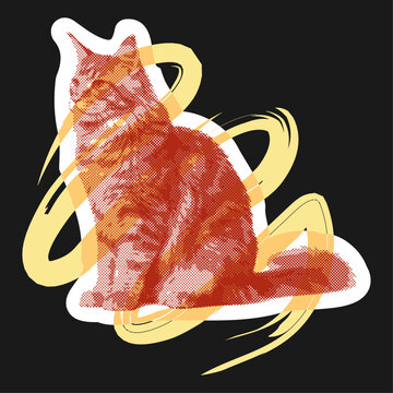 Vibrant pop art vector illustration of a sitting tabby cat designed with halftone textures and energetic yellow dynamic swooshes.expressive maximalist graphic artwork