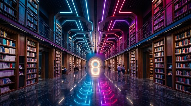 Futuristic library interior with neon lighting, tall bookshelves, and a glowing portal at the end of a long, reflective corridor