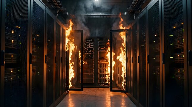 Catastrophic server room fire disaster in a data center