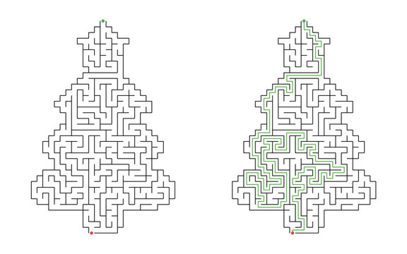 Christmas tree shaped maze with green solved route, black line labyrinth and start finish markers, printable festive puzzle and educational activity for kids