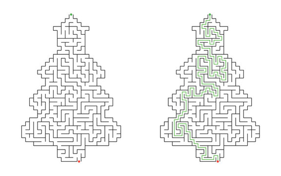 Christmas tree maze puzzle with green solution path, black outline labyrinth and start finish markers, printable holiday activity and logic game for children