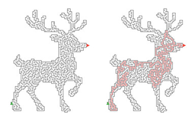 Christmas reindeer shaped maze puzzle with antlers and solved red route, festive holiday activity for children and families © Katerina