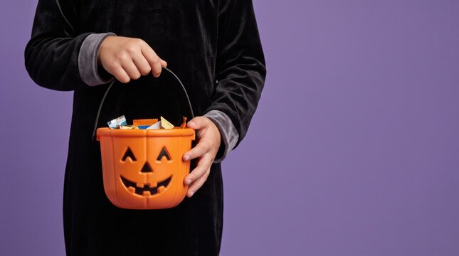 Child in black costume holding a pumpkin candy bucket for Halloween celebration.