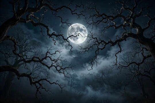 Full moon glowing in a dark Halloween night sky with clouds, spooky lunar landscape