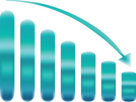 Falling bar graph with downward arrow on white background representing financial decline during economic recession