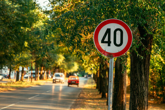 Circular 40 speed limit sign posted on a suburban tree-lined street. Concept of traffic safety regulation, urban speed enforcement, driving rules, and road infrastructure.