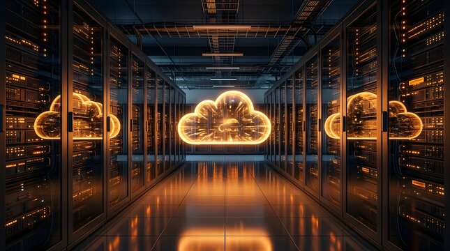 Data center server room with glowing cloud computing symbol representing digital infrastructure and cloud storage