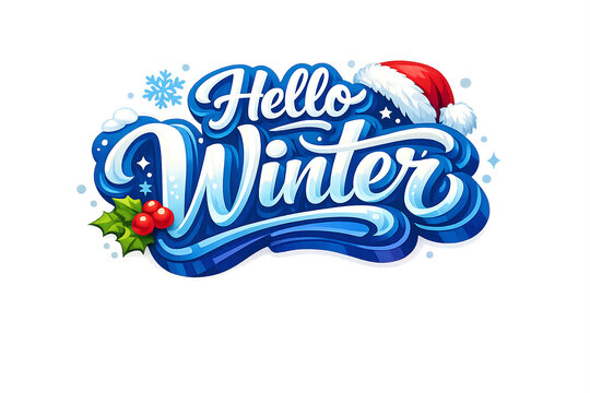 Blue icy script spells "Hello Winter." Santa hat rests atop the lettering