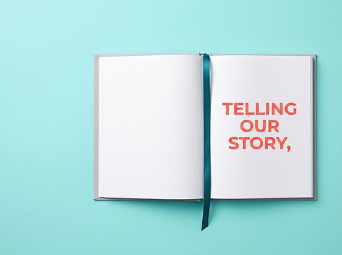 Open notebook displaying text telling our story ideal for brand strategy and publishing content representing communication heritage and vision