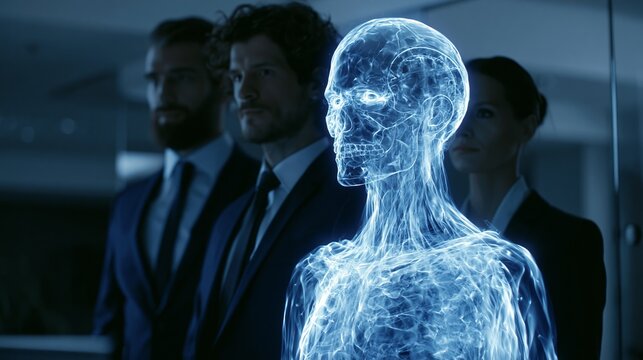 Futuristic glowing blue humanoid hologram standing in front of professional corporate team members inside a modern bright high tech office