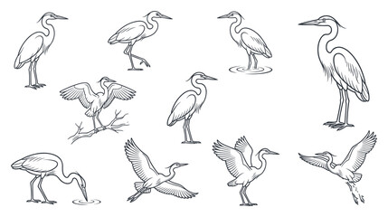 Obraz premium Line art heron bird poses in various graceful water bird movements.