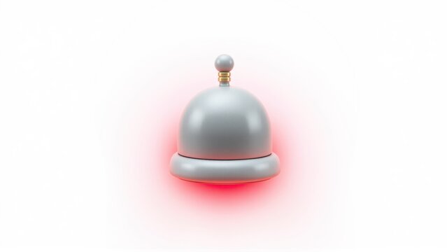 Silver service bell hangs on dark background. Red glow surrounds object, creating dramatic effect. Simple, elegant design.
