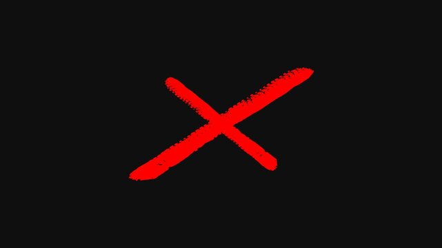 Red Cross Mark Brush Stroke Animation on Black Background, Animated Wrong Sign, Hand Drawn Cross Mark Motion Graphics